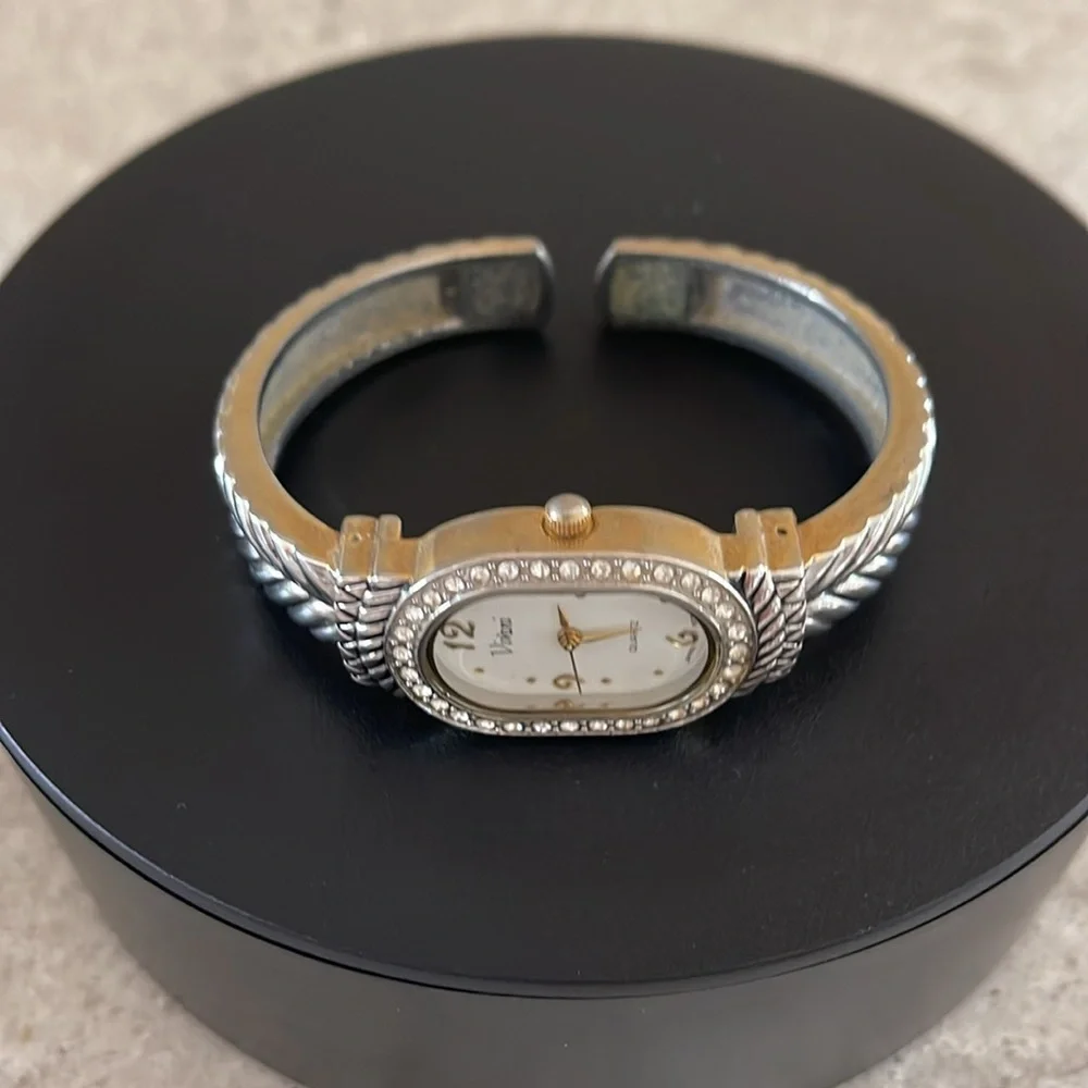 Vintage Bracelet Watch Silver Tone w/Gold Accent and White Crystal